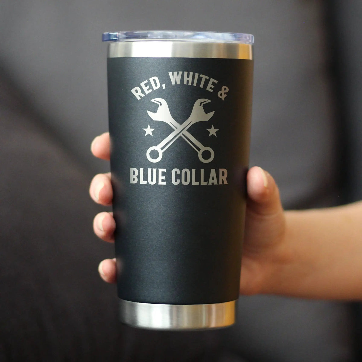 Red White & Blue Collar Coffee Tumbler | 20 Oz Double Wall Stainless Steel | Sliding Lid | Gifts For Tradesmen, Manual Labor