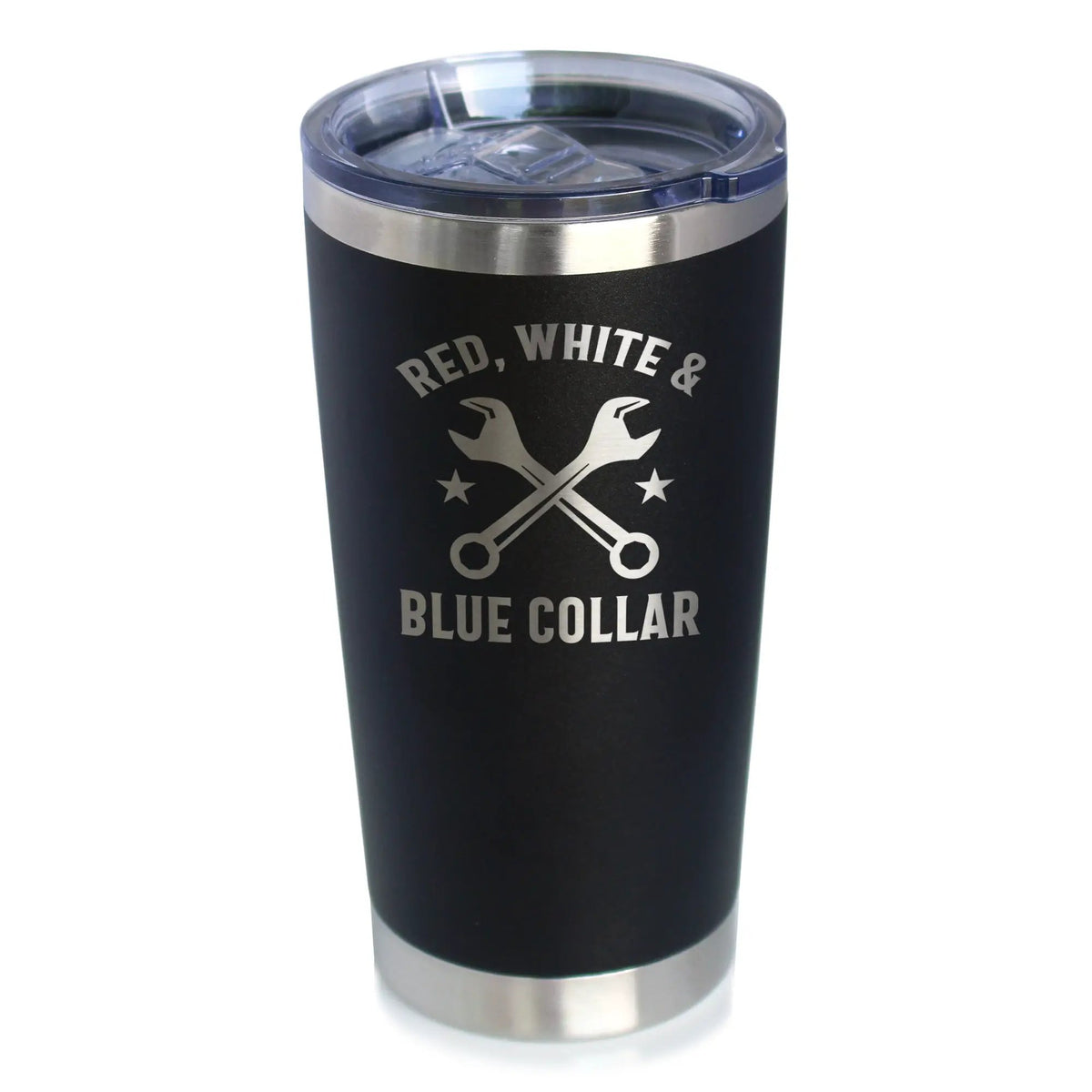 Red White & Blue Collar Coffee Tumbler | 20 Oz Double Wall Stainless Steel | Sliding Lid | Gifts For Tradesmen, Manual Labor