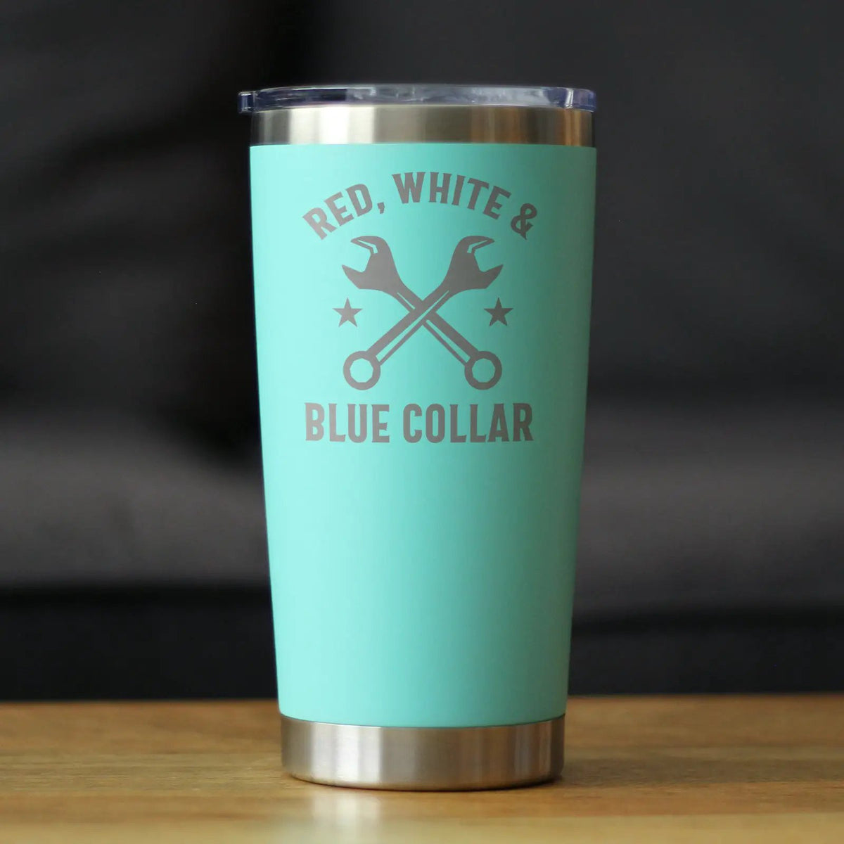 Red White & Blue Collar Coffee Tumbler | 20 Oz Double Wall Stainless Steel | Sliding Lid | Gifts For Tradesmen, Manual Labor