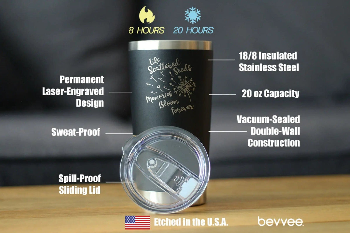 Insulated Coffee Tumbler | 20 oz Stainless Steel | Sliding Lid | Memories Bloom Forever - Dandelion