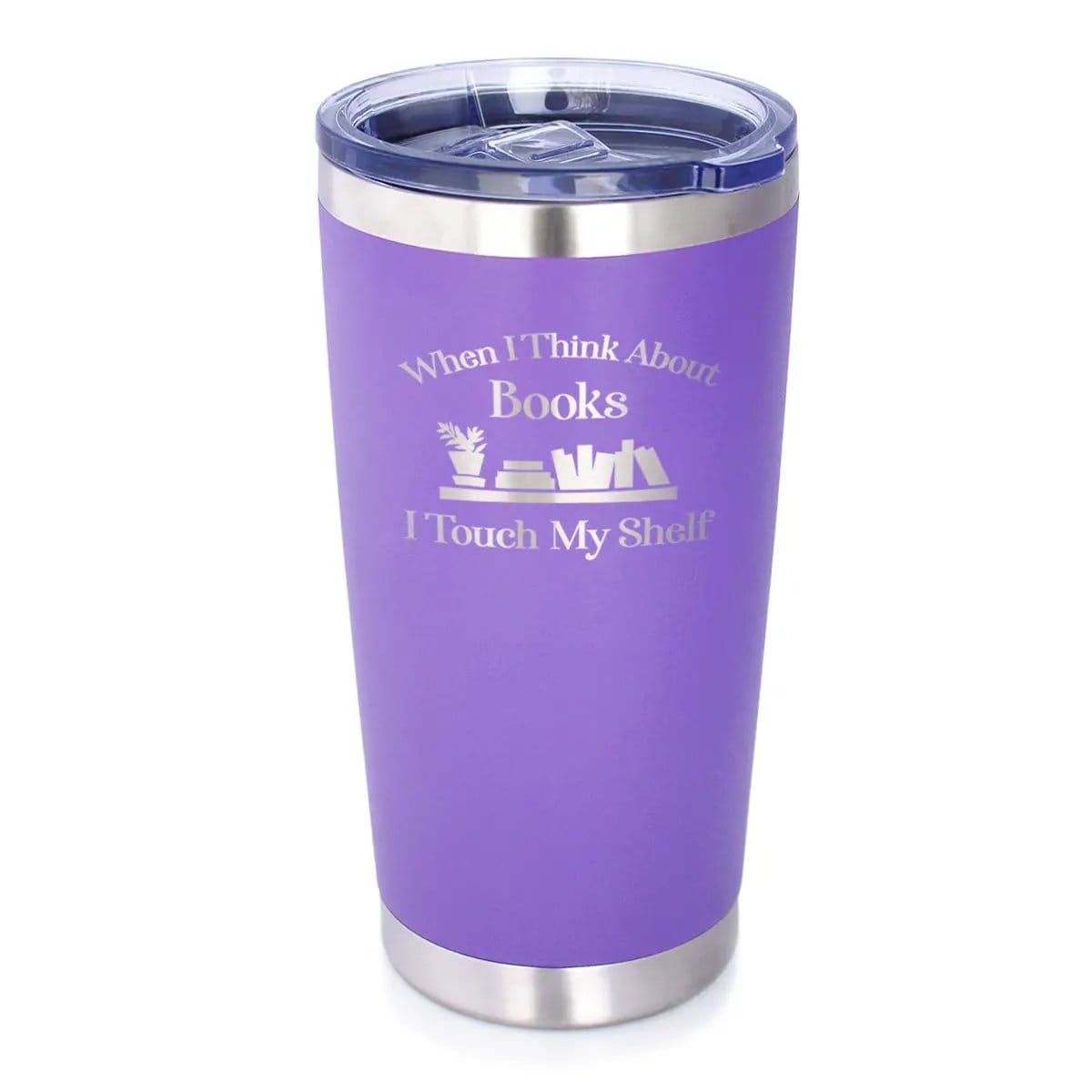 Etched Stemless Wine Glass | 17 oz | Dishwasher Safe | When I Think About Books I Touch My Shelf - Engraved