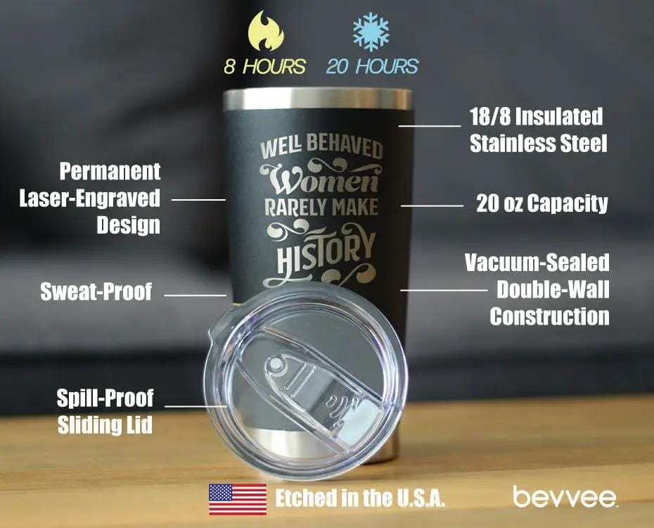Insulated Coffee Tumbler | 20 oz Stainless Steel | Sliding Lid | Well Behaved Women Rarely Make History