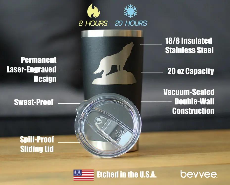 Stainless Steel Coffee Tumbler | 20 Oz Double Wall | Sliding Lid | Wolf Design