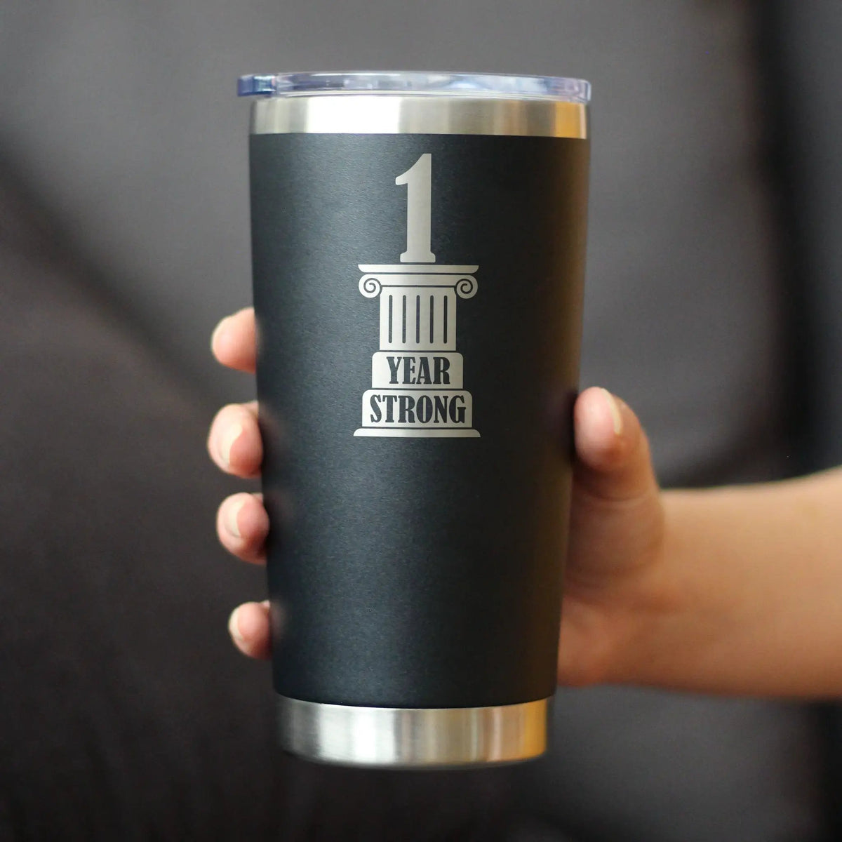 1st Anniversary Party Decor Coffee Tumbler | 20 Oz Double Wall Stainless Steel | Sliding Lid | 1 Year Strong