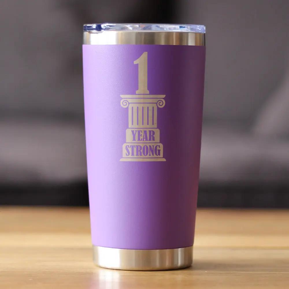 1st Anniversary Party Decor Coffee Tumbler | 20 Oz Double Wall Stainless Steel | Sliding Lid | 1 Year Strong