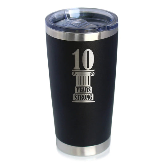 10th Anniversary Party Decor Coffee Tumbler | 20 Oz Double Wall Stainless Steel | Sliding Lid | 10 Years Strong