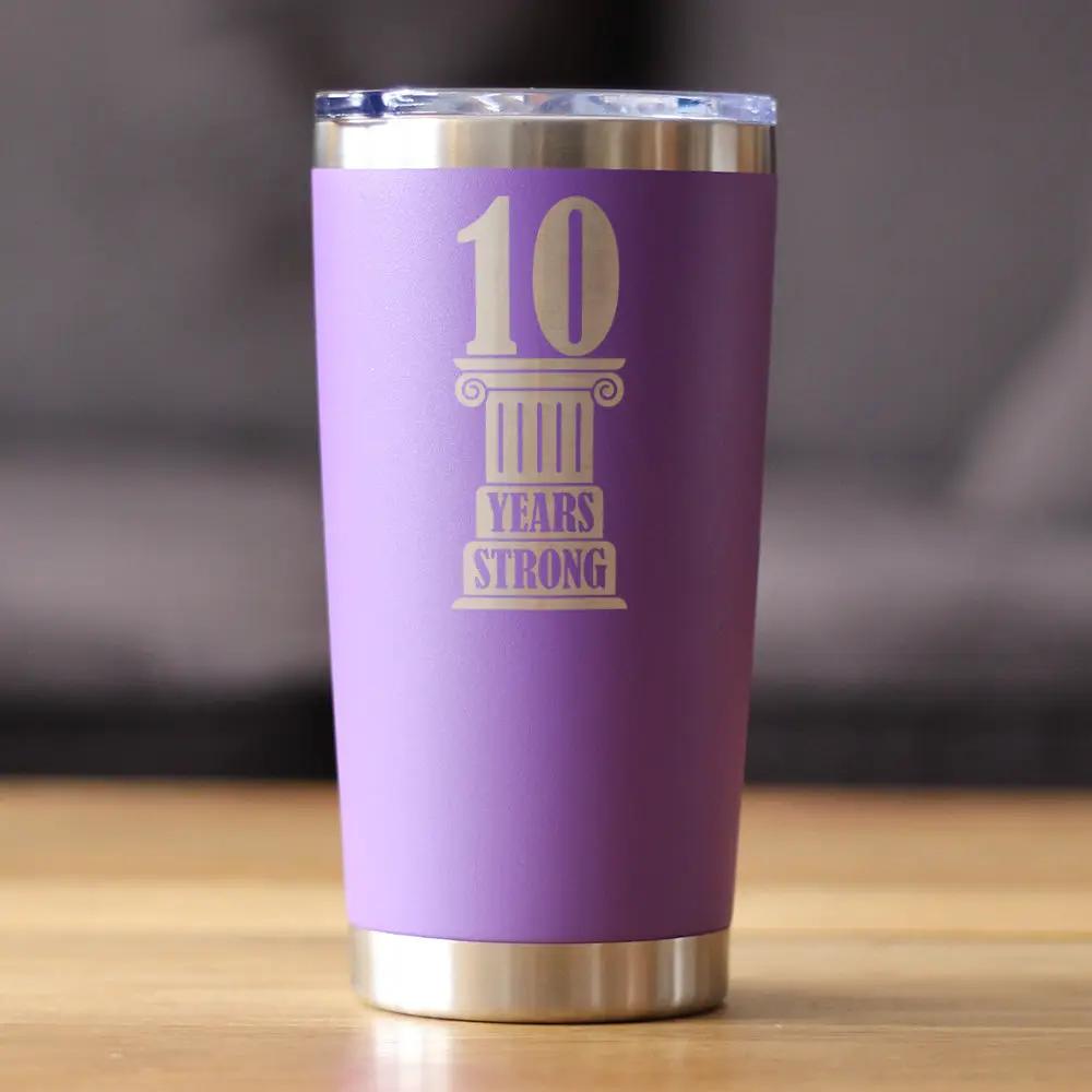 10th Anniversary Party Decor Coffee Tumbler | 20 Oz Double Wall Stainless Steel | Sliding Lid | 10 Years Strong