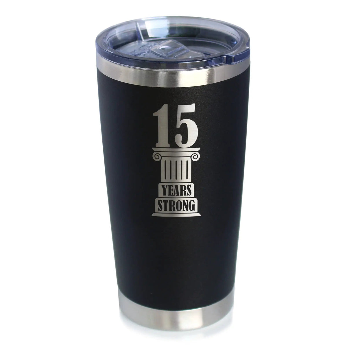 15th Anniversary Party Decor Coffee Tumbler | 20 Oz Double Wall Stainless Steel | Sliding Lid | 15 Years Strong