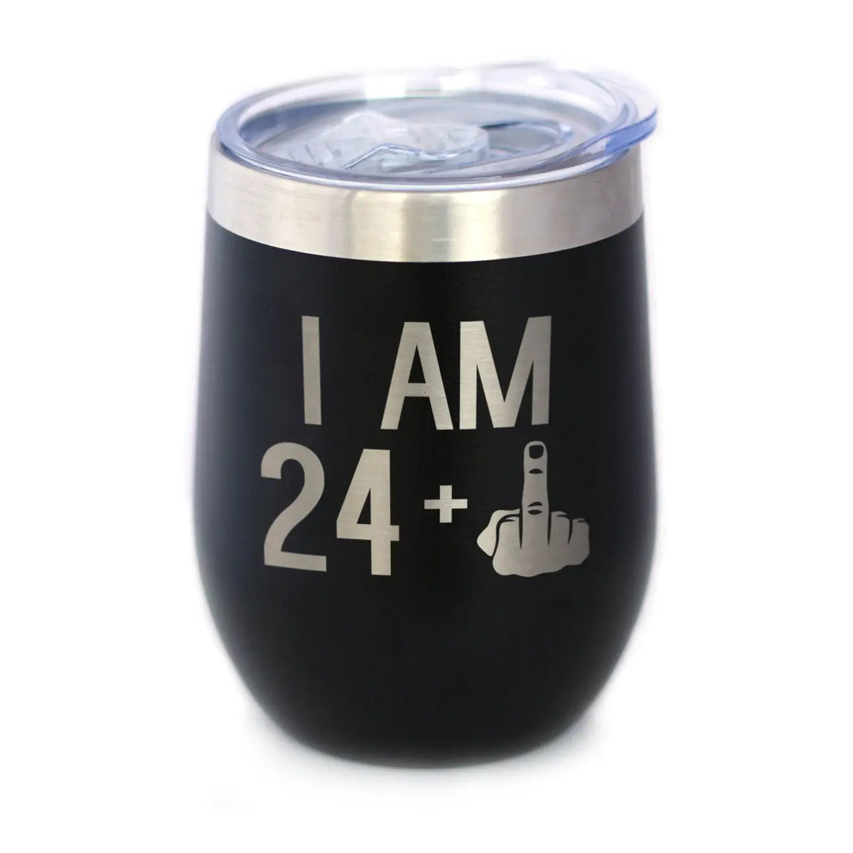 24 + 1 Middle Finger Wine Tumbler | 12 Oz Double Wall Stainless Steel | Sliding Lid | Cute Funny 25th Birthday Gifts