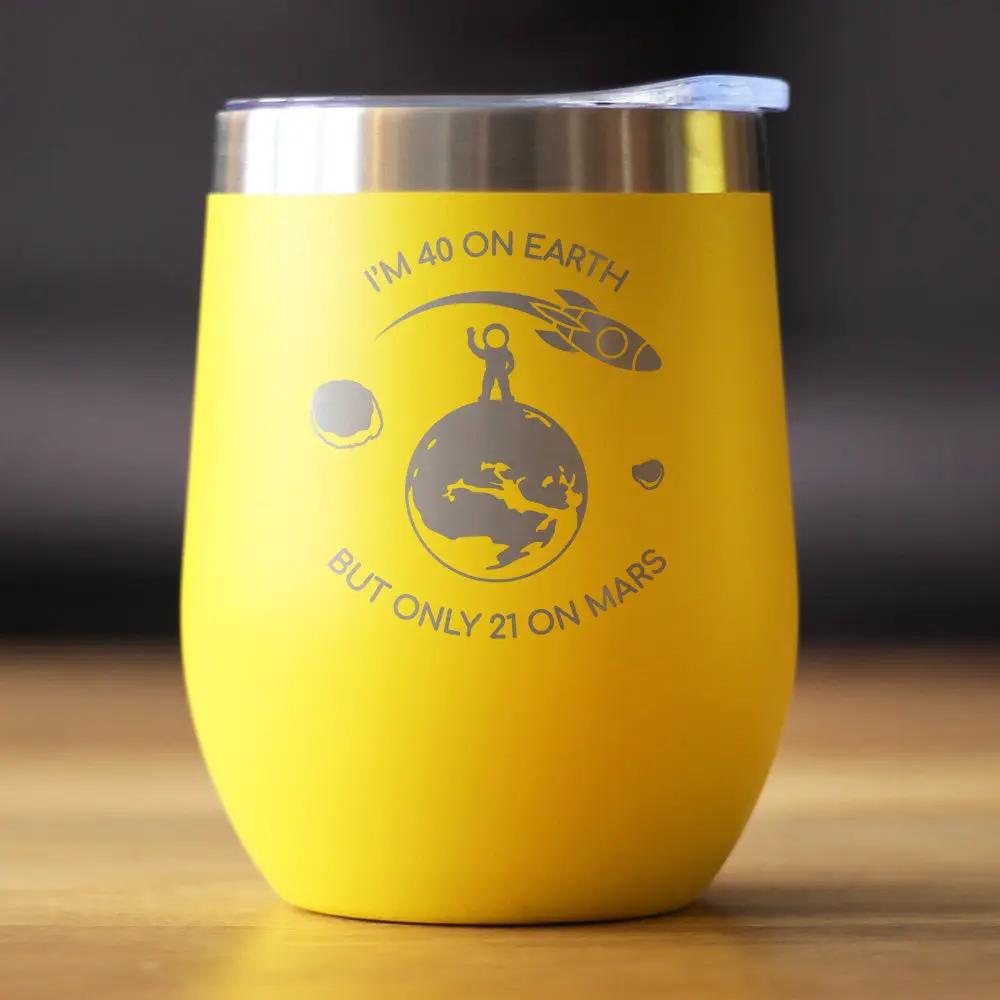 Age on Mars 40 Wine Tumbler | 12 Oz Double Wall Stainless Steel | Sliding Lid | Unique Funny 40th Birthday Gifts