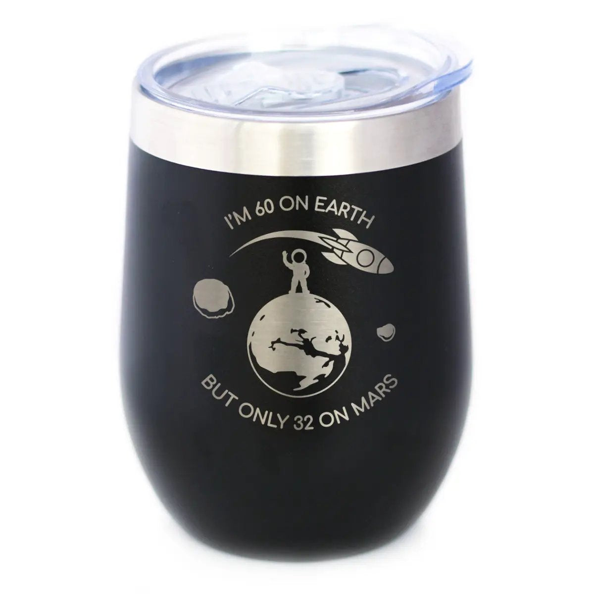Age on Mars 60 Wine Tumbler | 12 Oz Double Wall Stainless Steel | Sliding Lid | Unique Funny 60th Birthday Gifts