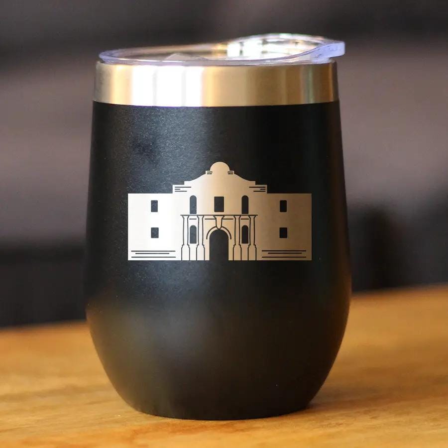 Insulated Stemless Wine Tumbler | 12 oz Stainless Steel | Sliding Lid | The Alamo