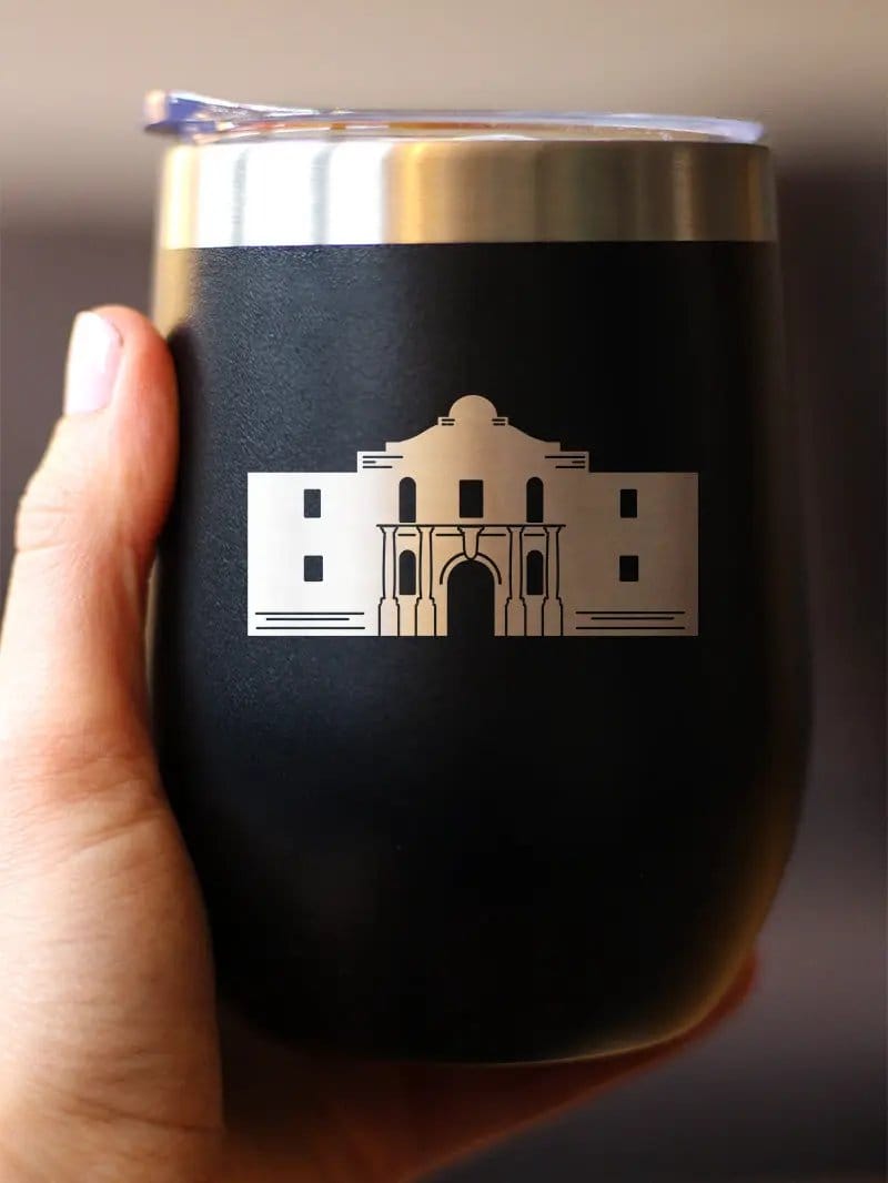Insulated Stemless Wine Tumbler | 12 oz Stainless Steel | Sliding Lid | The Alamo