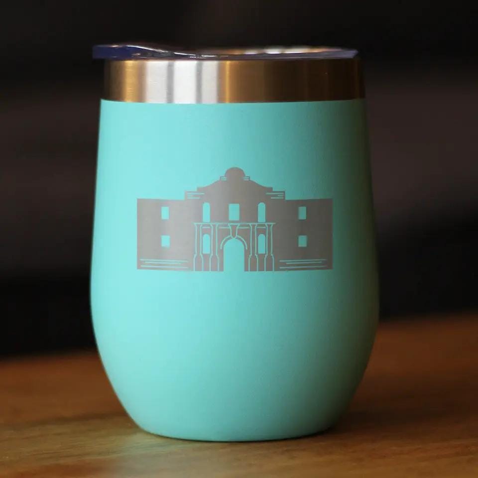 Insulated Stemless Wine Tumbler | 12 oz Stainless Steel | Sliding Lid | The Alamo