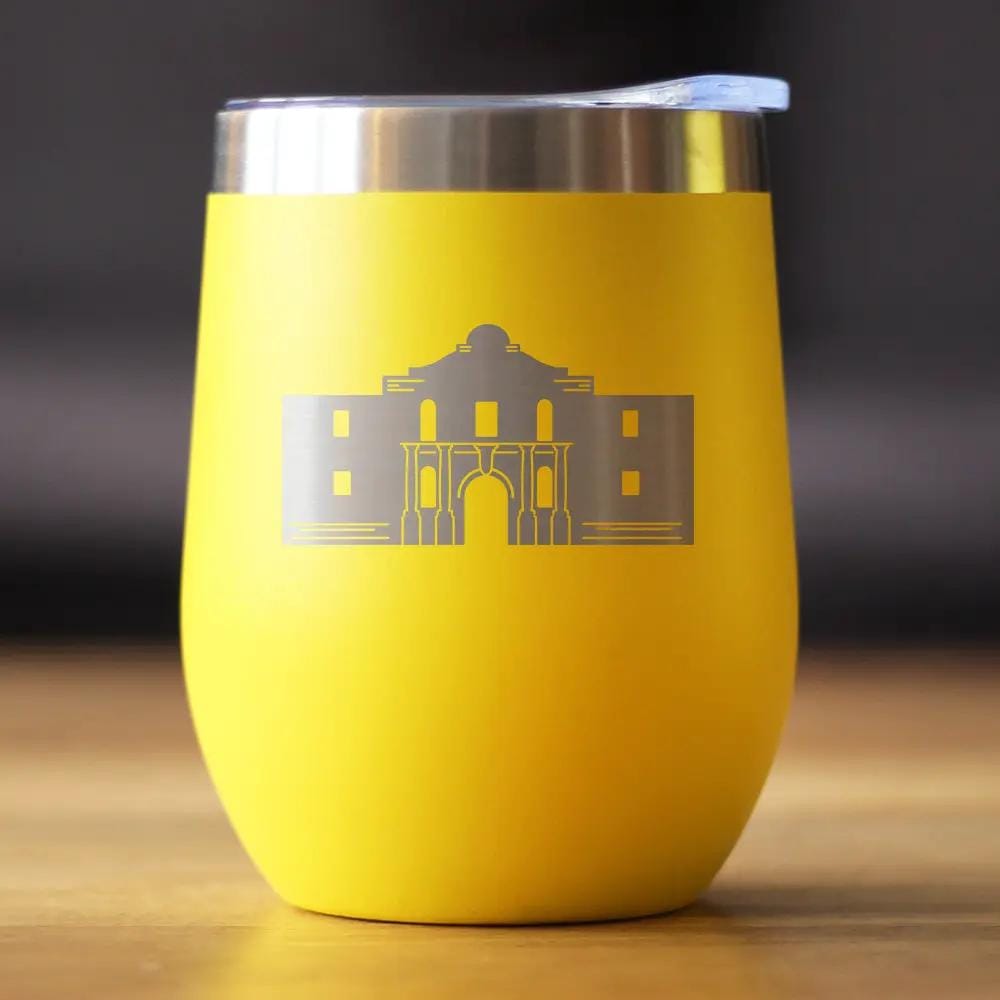Insulated Stemless Wine Tumbler | 12 oz Stainless Steel | Sliding Lid | The Alamo