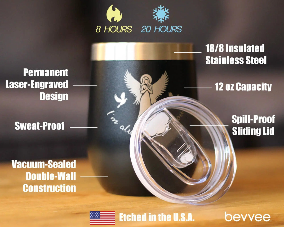 Always With You Angel Wine Tumbler | 12 Oz Double Wall Stainless Steel | Sliding Lid | Sympathy Memorial Gifts