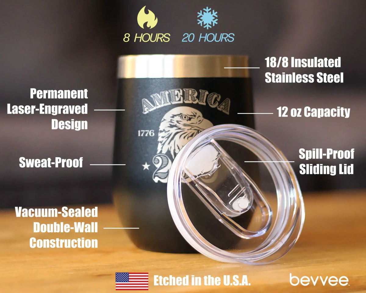 America 250th Anniversary Wine Tumbler | 12 Oz Double Wall Stainless Steel | Sliding Lid | America 250 Merchandise Etched in USA