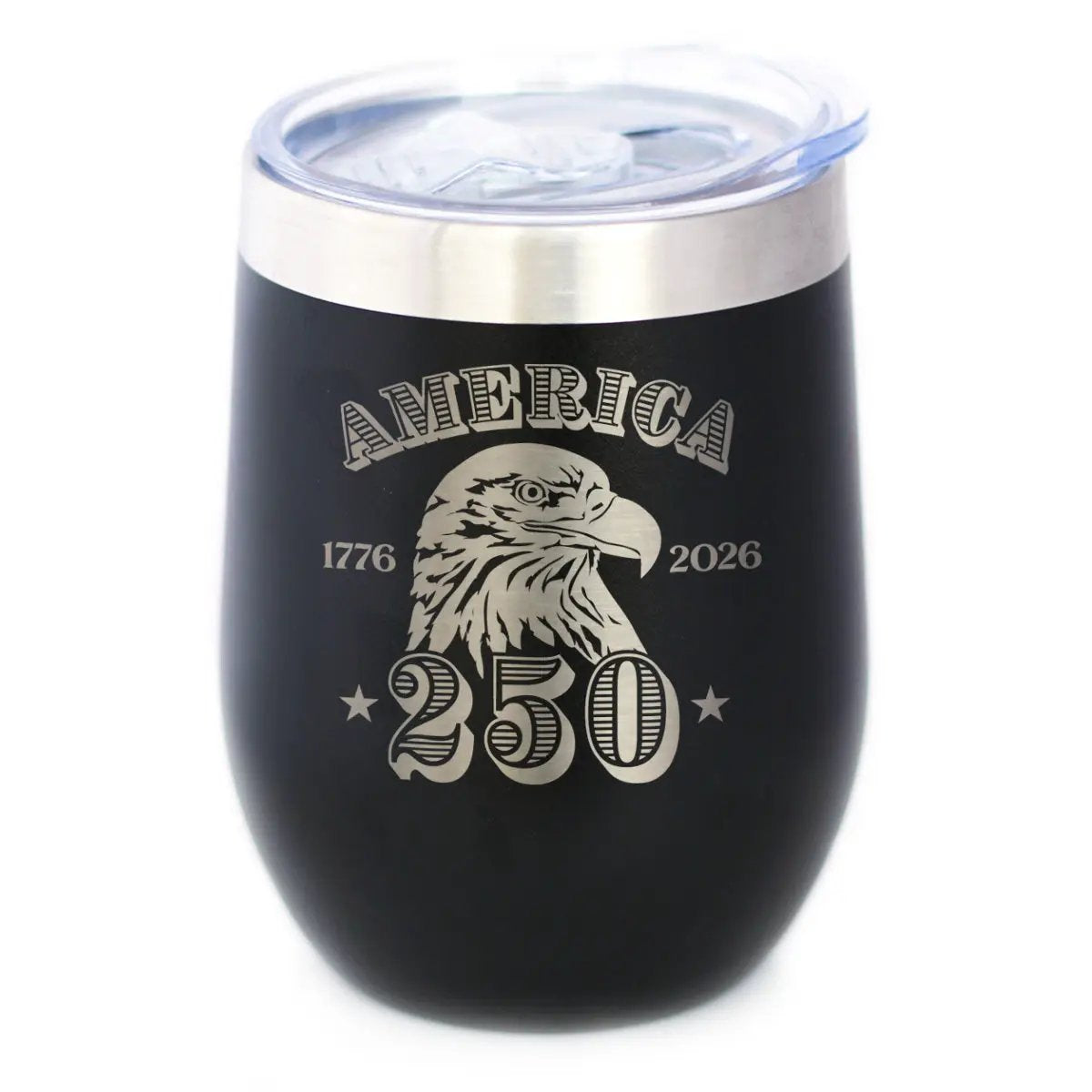 America 250th Anniversary Wine Tumbler | 12 Oz Double Wall Stainless Steel | Sliding Lid | America 250 Merchandise Etched in USA