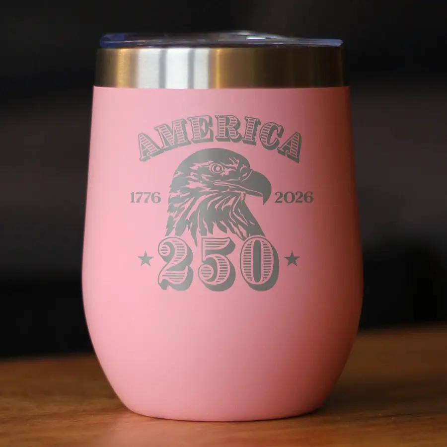 America 250th Anniversary Wine Tumbler | 12 Oz Double Wall Stainless Steel | Sliding Lid | America 250 Merchandise Etched in USA