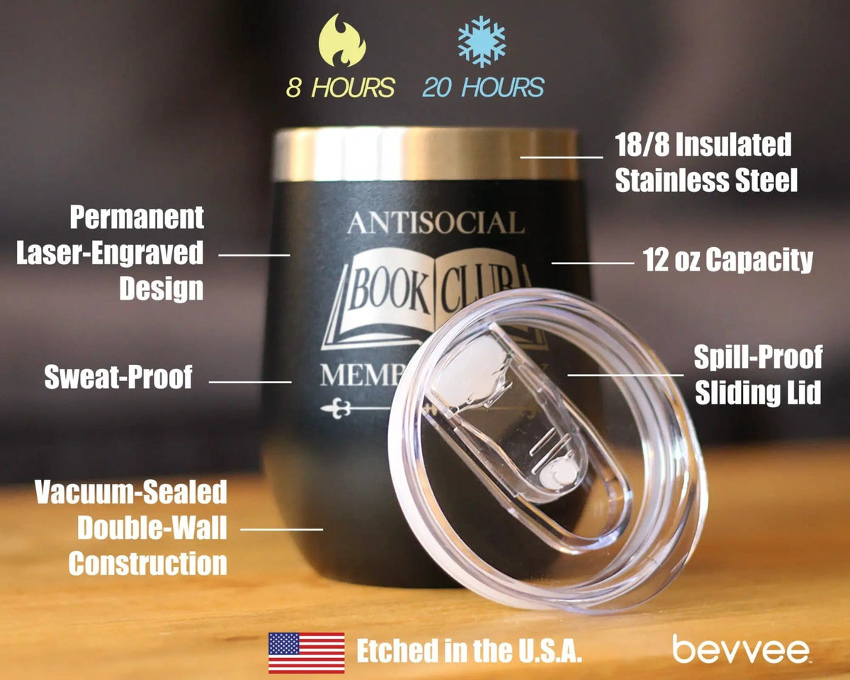 Insulated Coffee Tumbler | 12 oz Stainless Steel | Sliding Lid | Antisocial Book Club (Style 2)