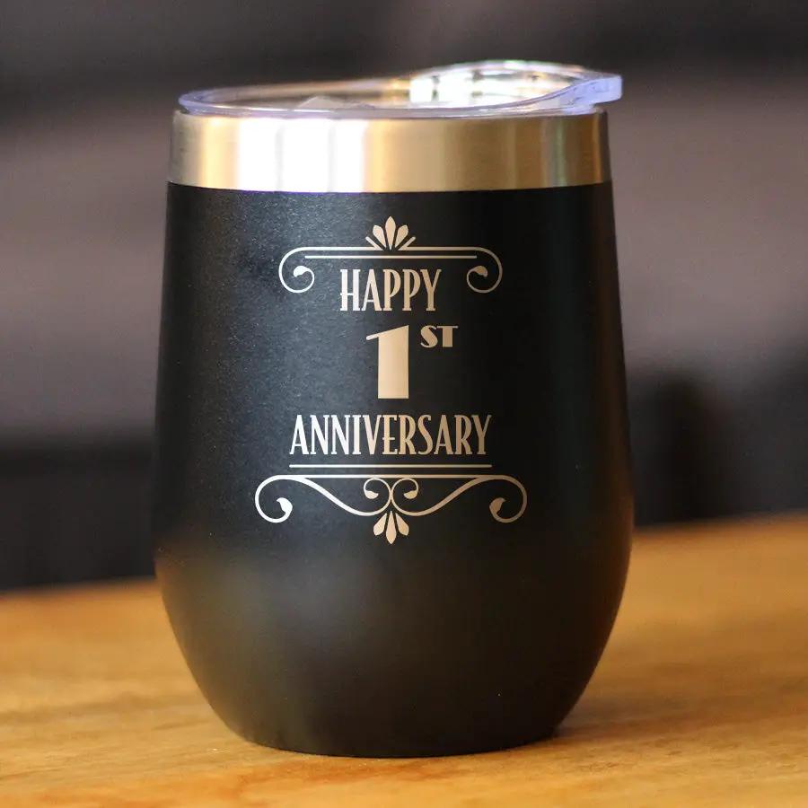 Happy 1st Anniversary Gifts Wine Tumbler | 12 Oz Double Wall Stainless Steel | Sliding Lid | 1 Year Anniversary Art Deco Party Decor