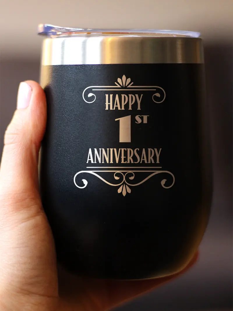 Happy 1st Anniversary Gifts Wine Tumbler | 12 Oz Double Wall Stainless Steel | Sliding Lid | 1 Year Anniversary Art Deco Party Decor