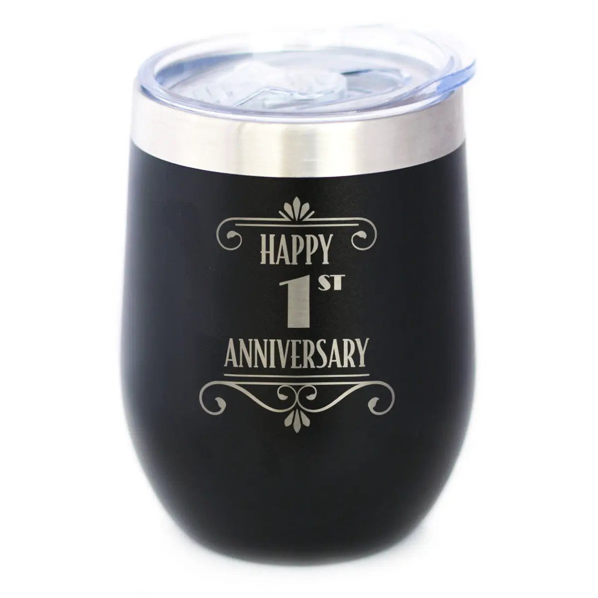 Happy 1st Anniversary Gifts Wine Tumbler | 12 Oz Double Wall Stainless Steel | Sliding Lid | 1 Year Anniversary Art Deco Party Decor