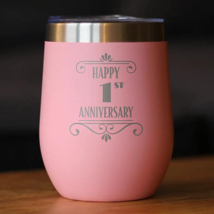 Happy 1st Anniversary Gifts Wine Tumbler | 12 Oz Double Wall Stainless Steel | Sliding Lid | 1 Year Anniversary Art Deco Party Decor