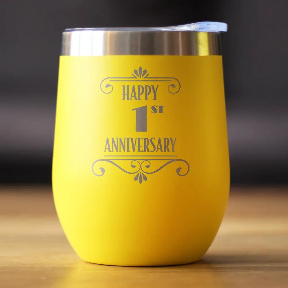 Happy 1st Anniversary Gifts Wine Tumbler | 12 Oz Double Wall Stainless Steel | Sliding Lid | 1 Year Anniversary Art Deco Party Decor