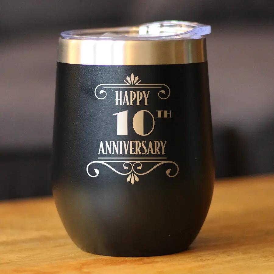 Happy 10th Anniversary Gifts Wine Tumbler | 12 Oz Double Wall Stainless Steel | Sliding Lid | 10 Year Anniversary Art Deco Party Decor