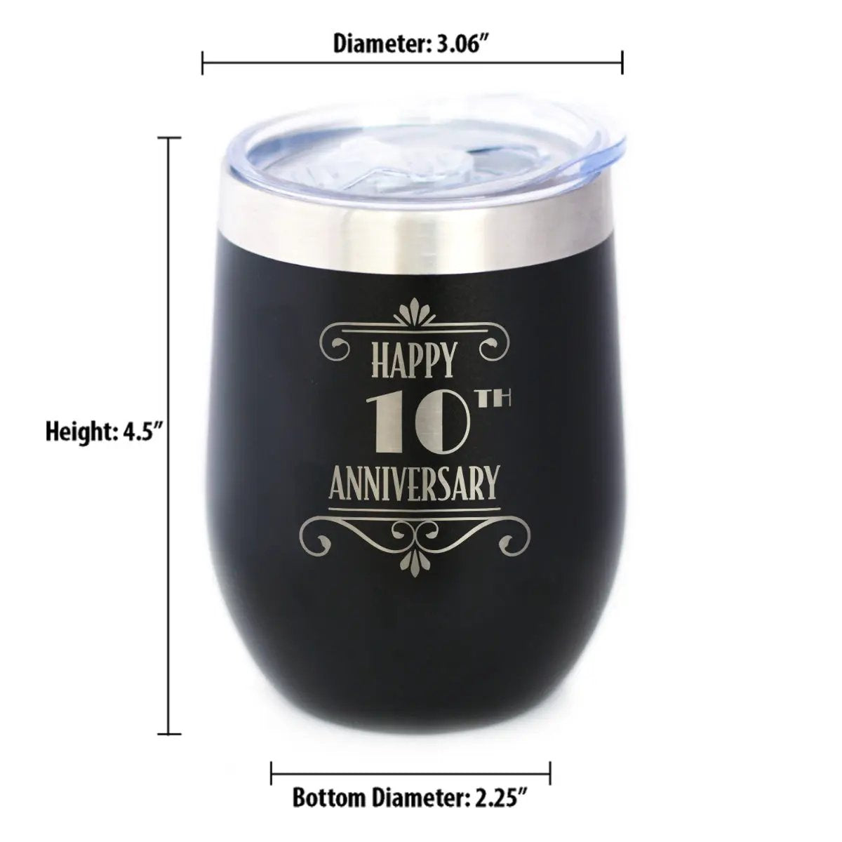 Happy 10th Anniversary Gifts Wine Tumbler | 12 Oz Double Wall Stainless Steel | Sliding Lid | 10 Year Anniversary Art Deco Party Decor