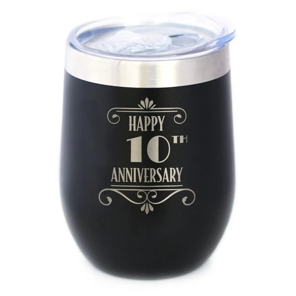 Happy 10th Anniversary Gifts Wine Tumbler | 12 Oz Double Wall Stainless Steel | Sliding Lid | 10 Year Anniversary Art Deco Party Decor