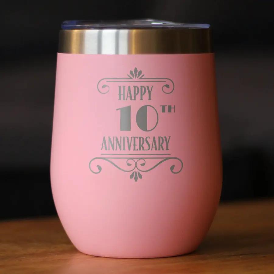 Happy 10th Anniversary Gifts Wine Tumbler | 12 Oz Double Wall Stainless Steel | Sliding Lid | 10 Year Anniversary Art Deco Party Decor
