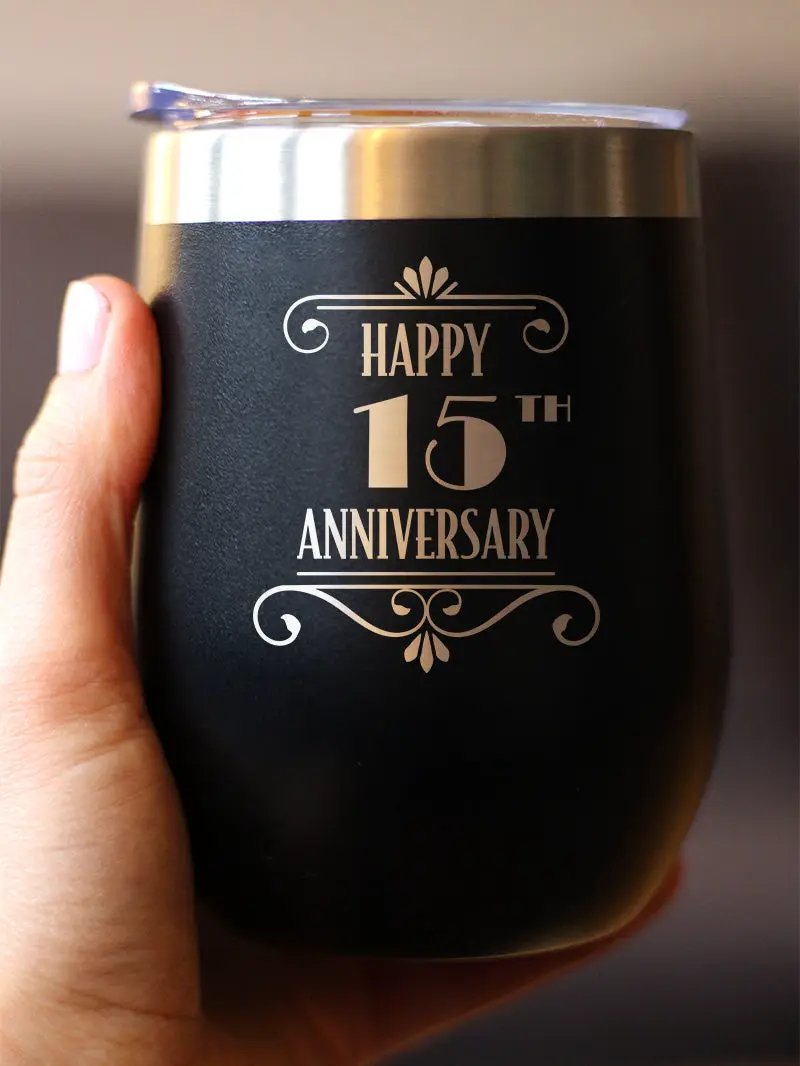 Happy 15th Anniversary Gifts Wine Tumbler | 12 Oz Double Wall Stainless Steel | Sliding Lid | 15 Year Anniversary Art Deco Party Decor