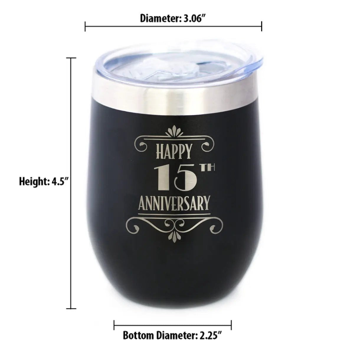 Happy 15th Anniversary Gifts Wine Tumbler | 12 Oz Double Wall Stainless Steel | Sliding Lid | 15 Year Anniversary Art Deco Party Decor