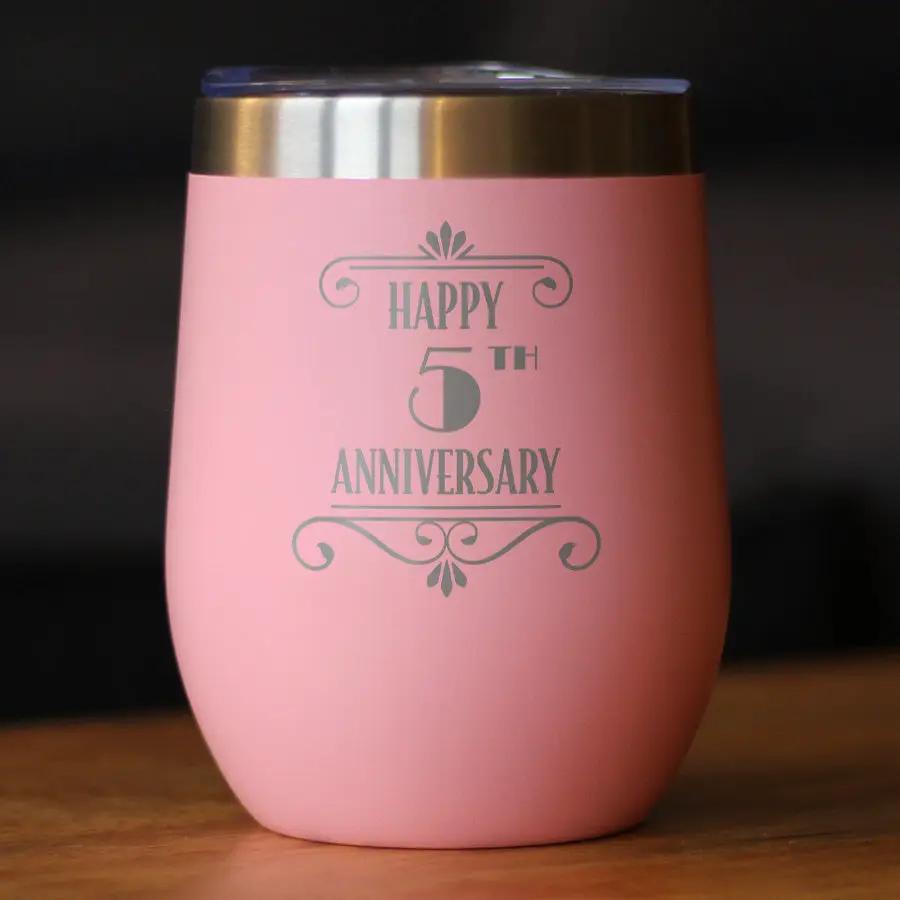 Happy 5th Anniversary Gifts Wine Tumbler | 12 Oz Double Wall Stainless Steel | Sliding Lid | 5 Year Anniversary Art Deco Party Decor