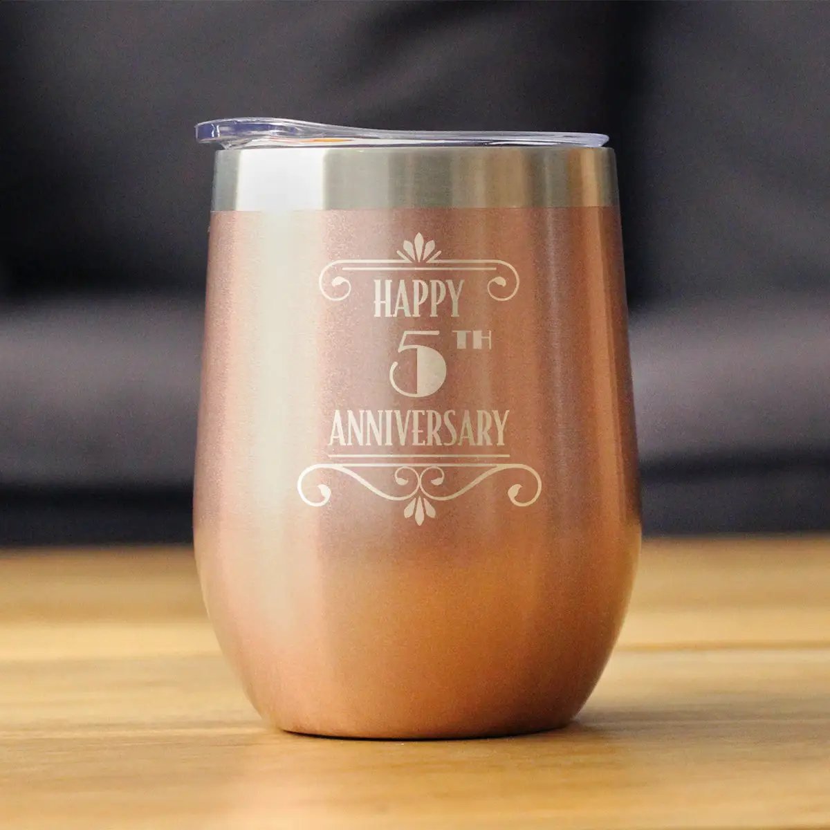 Happy 5th Anniversary Gifts Wine Tumbler | 12 Oz Double Wall Stainless Steel | Sliding Lid | 5 Year Anniversary Art Deco Party Decor