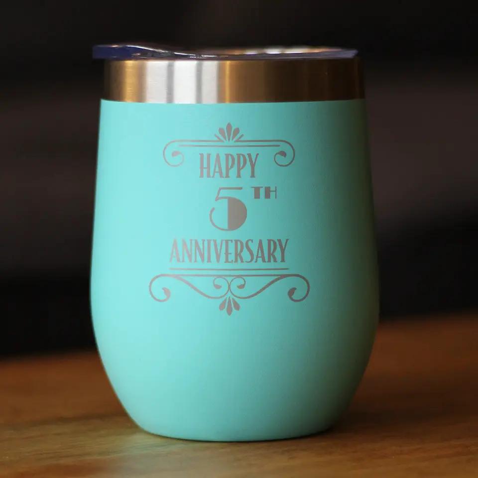 Happy 5th Anniversary Gifts Wine Tumbler | 12 Oz Double Wall Stainless Steel | Sliding Lid | 5 Year Anniversary Art Deco Party Decor