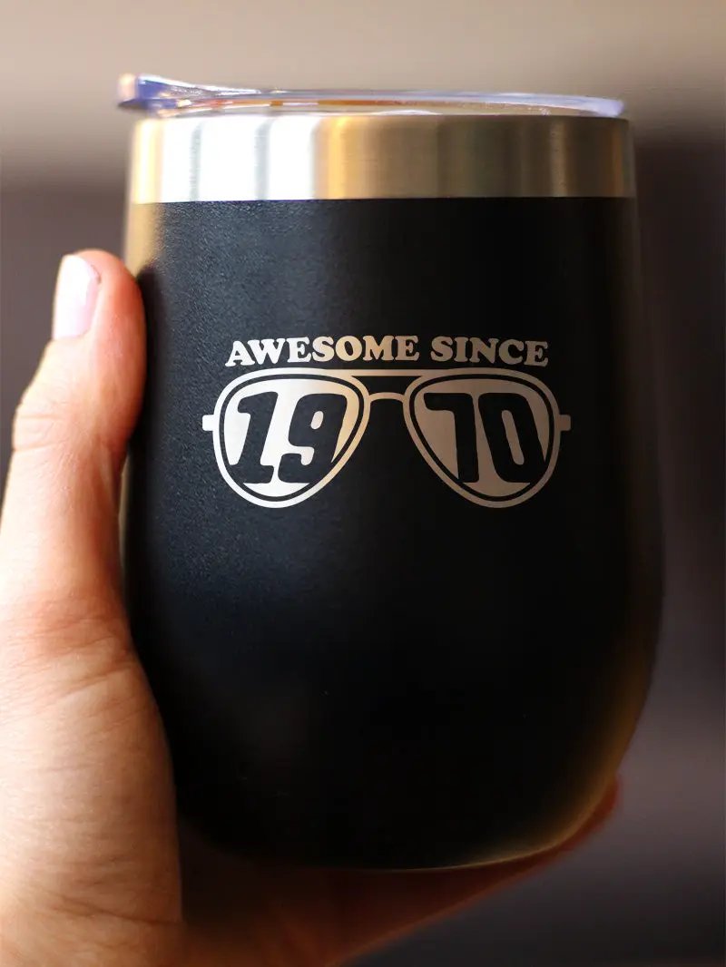 Awesome Since 1970 Wine Tumbler | 12 Oz Double Wall Stainless Steel | Sliding Lid | 55th Birthday Gift Ideas