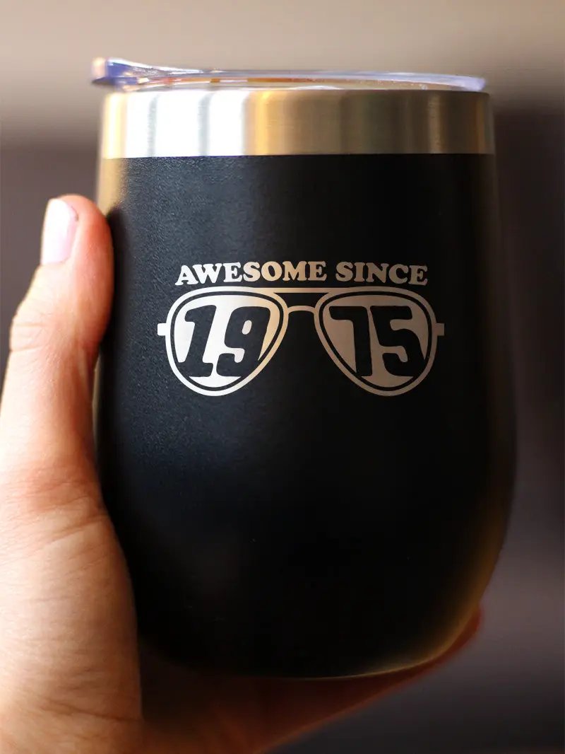 Awesome Since 1975 Wine Tumbler | 12 Oz Double Wall Stainless Steel | Sliding Lid | 50th Birthday Gift Ideas