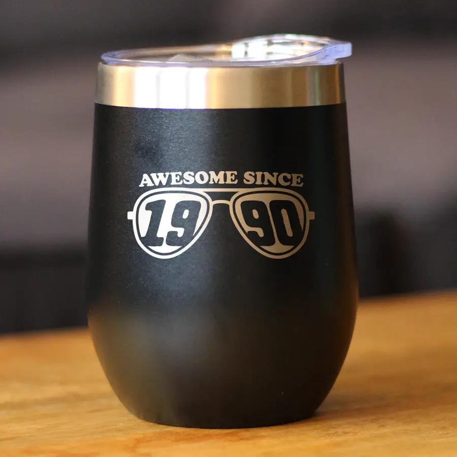 Awesome Since 1990 Wine Tumbler | 12 Oz Double Wall Stainless Steel | Sliding Lid | 35th Birthday Gift Ideas