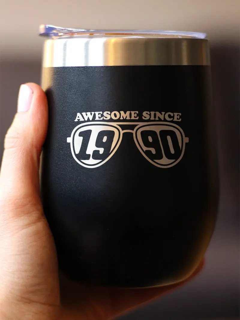 Awesome Since 1990 Wine Tumbler | 12 Oz Double Wall Stainless Steel | Sliding Lid | 35th Birthday Gift Ideas