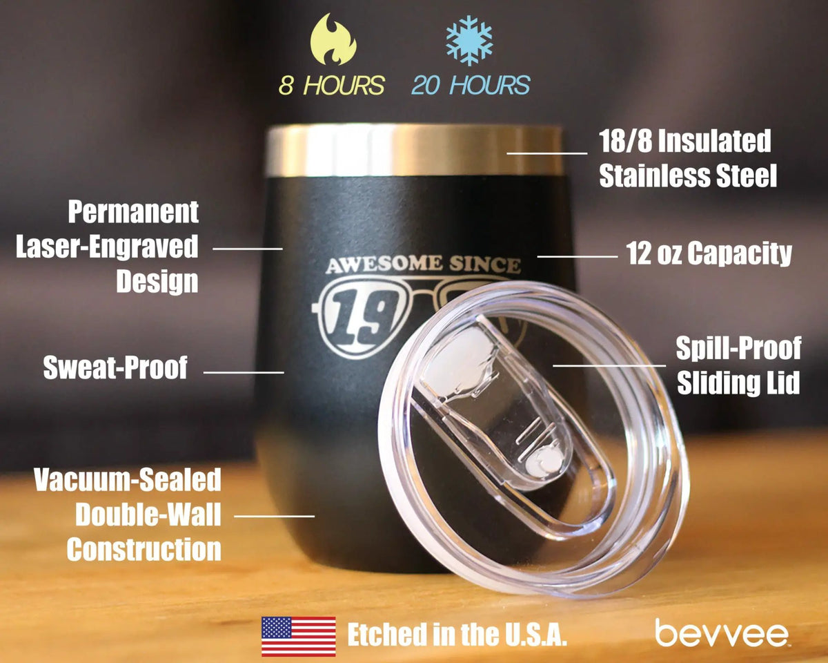 Awesome Since 1990 Wine Tumbler | 12 Oz Double Wall Stainless Steel | Sliding Lid | 35th Birthday Gift Ideas