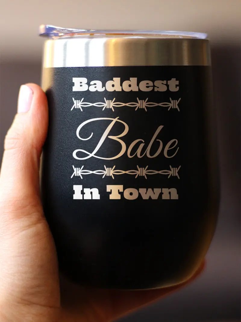 Baddest Babe in Town Wine Tumbler | 12 Oz Double Wall Stainless Steel | Sliding Lid | Gifts For Women with Attitude