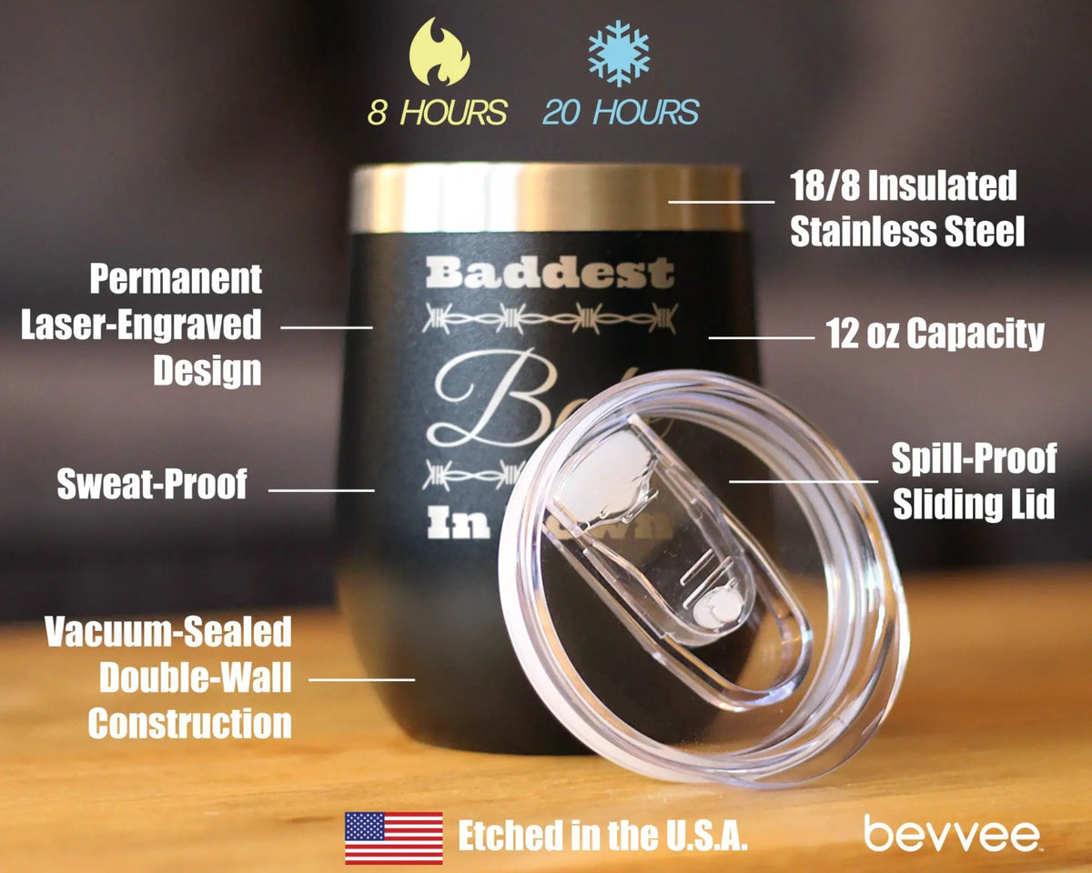 Baddest Babe in Town Wine Tumbler | 12 Oz Double Wall Stainless Steel | Sliding Lid | Gifts For Women with Attitude