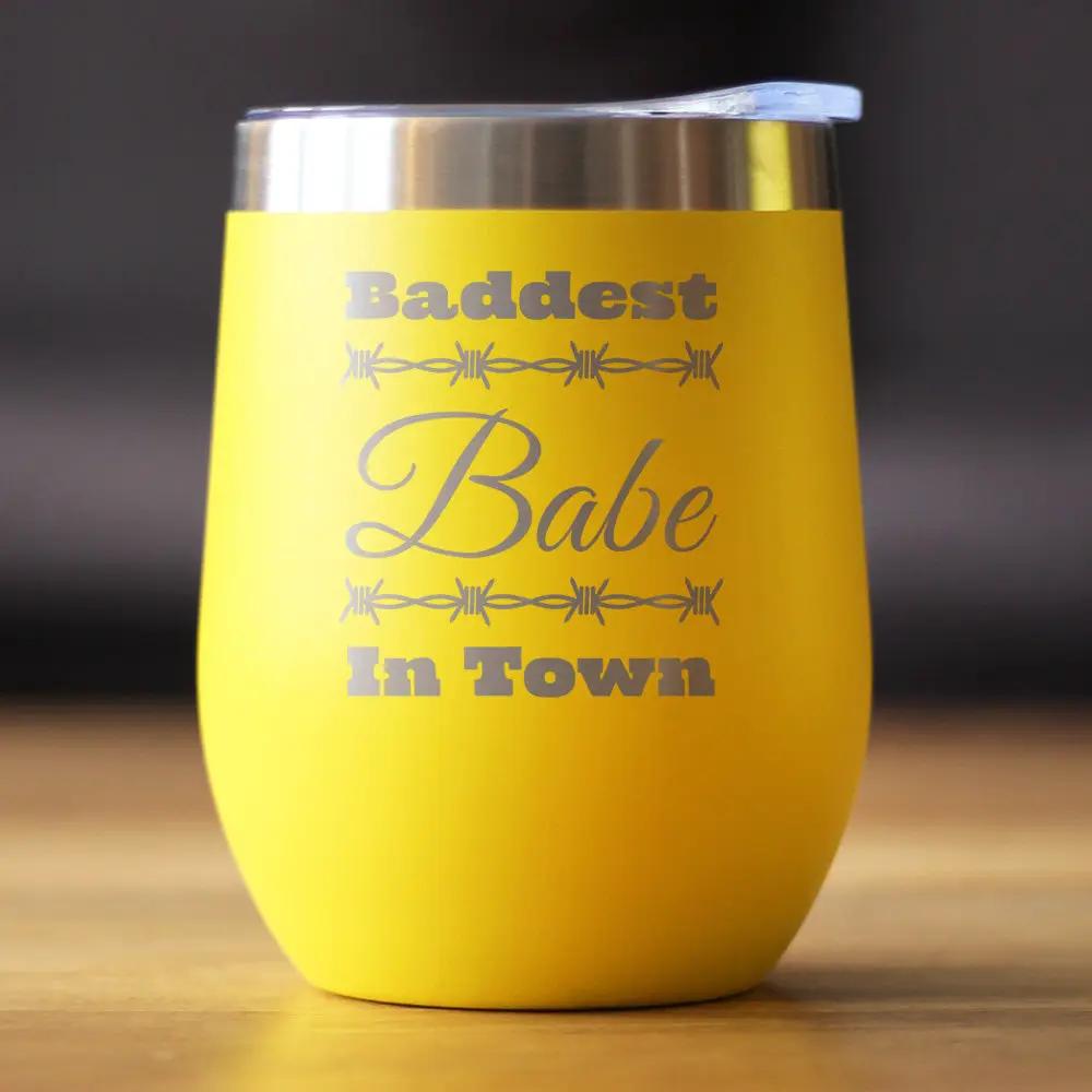 Baddest Babe in Town Wine Tumbler | 12 Oz Double Wall Stainless Steel | Sliding Lid | Gifts For Women with Attitude