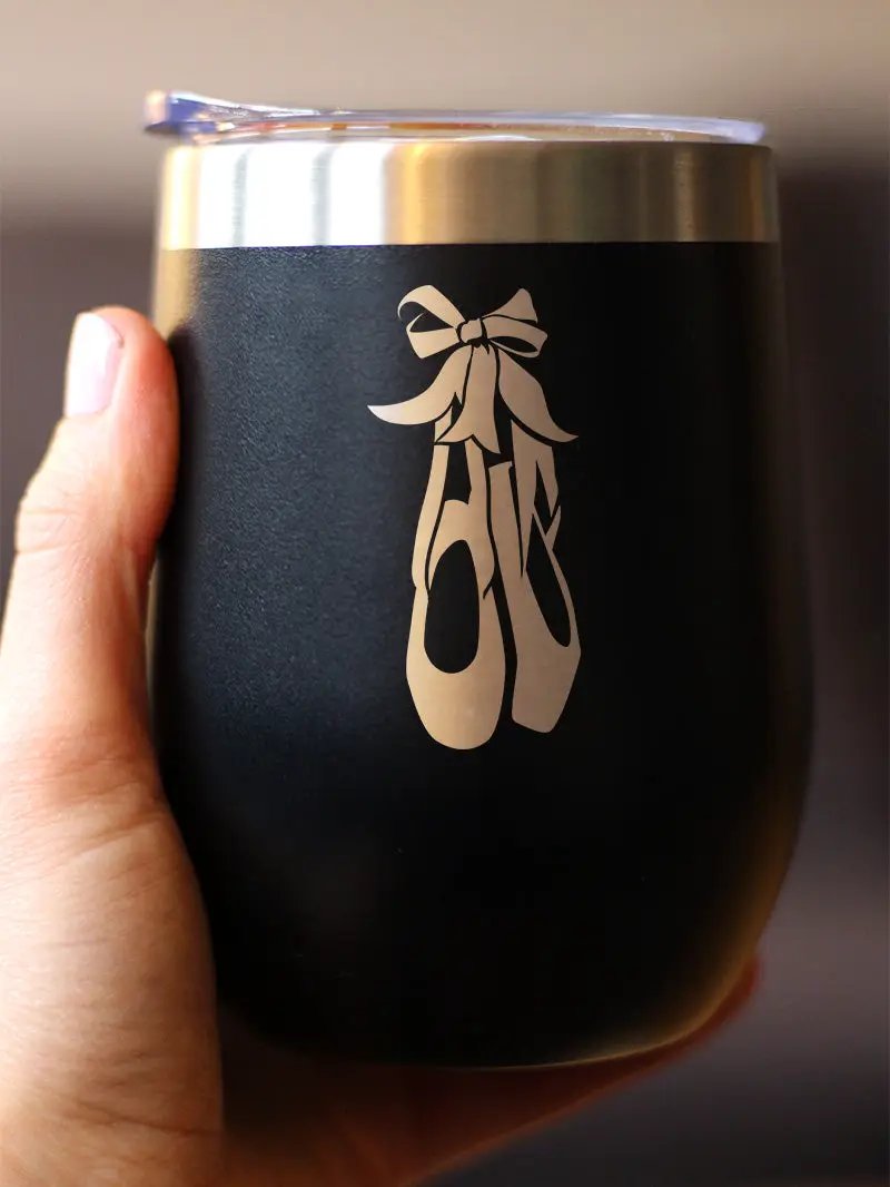 Ballet Shoes Wine Tumbler | 12 Oz Double Wall Stainless Steel | Sliding Lid | Ballerina and Dance Teacher Gifts
