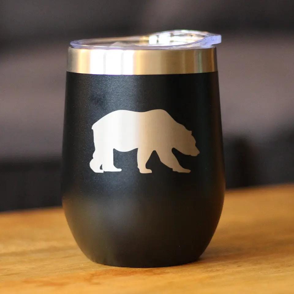 Insulated Stemless Wine Tumbler | 12 oz Stainless Steel | Sliding Lid | Bear Silhouette
