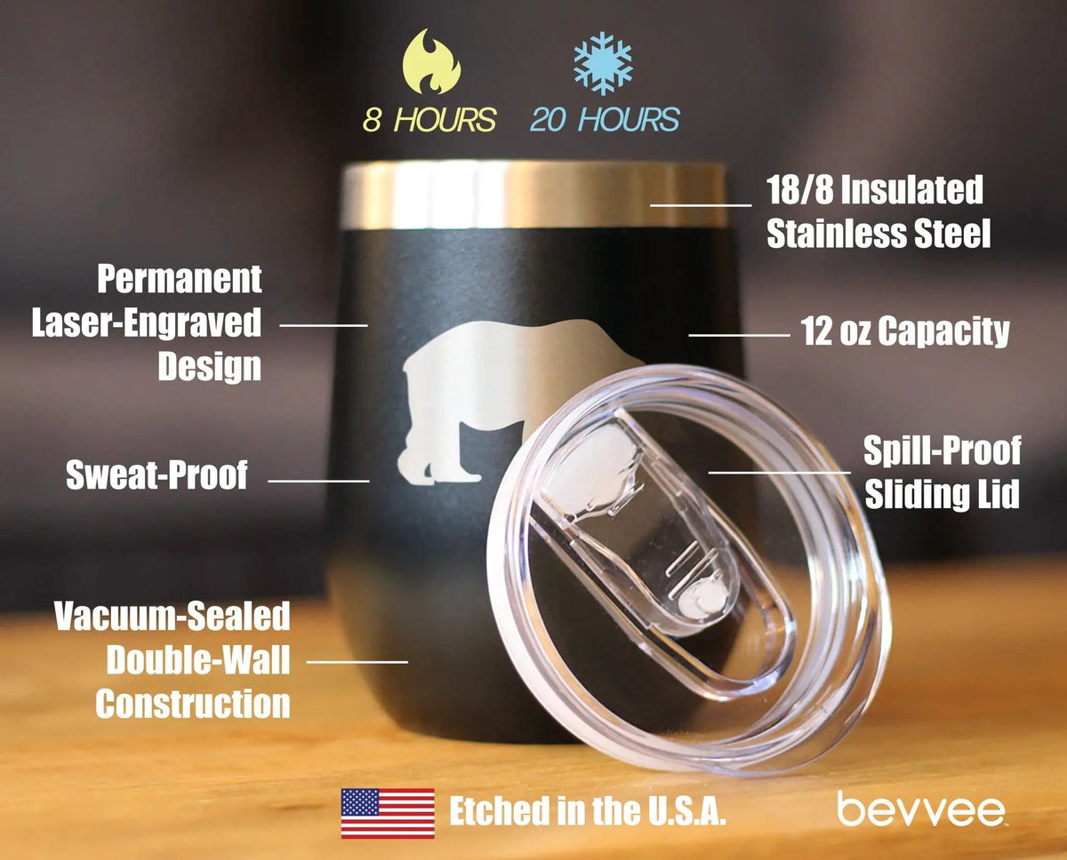 Insulated Stemless Wine Tumbler | 12 oz Stainless Steel | Sliding Lid | Bear Silhouette