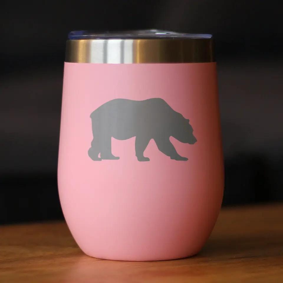 Insulated Stemless Wine Tumbler | 12 oz Stainless Steel | Sliding Lid | Bear Silhouette